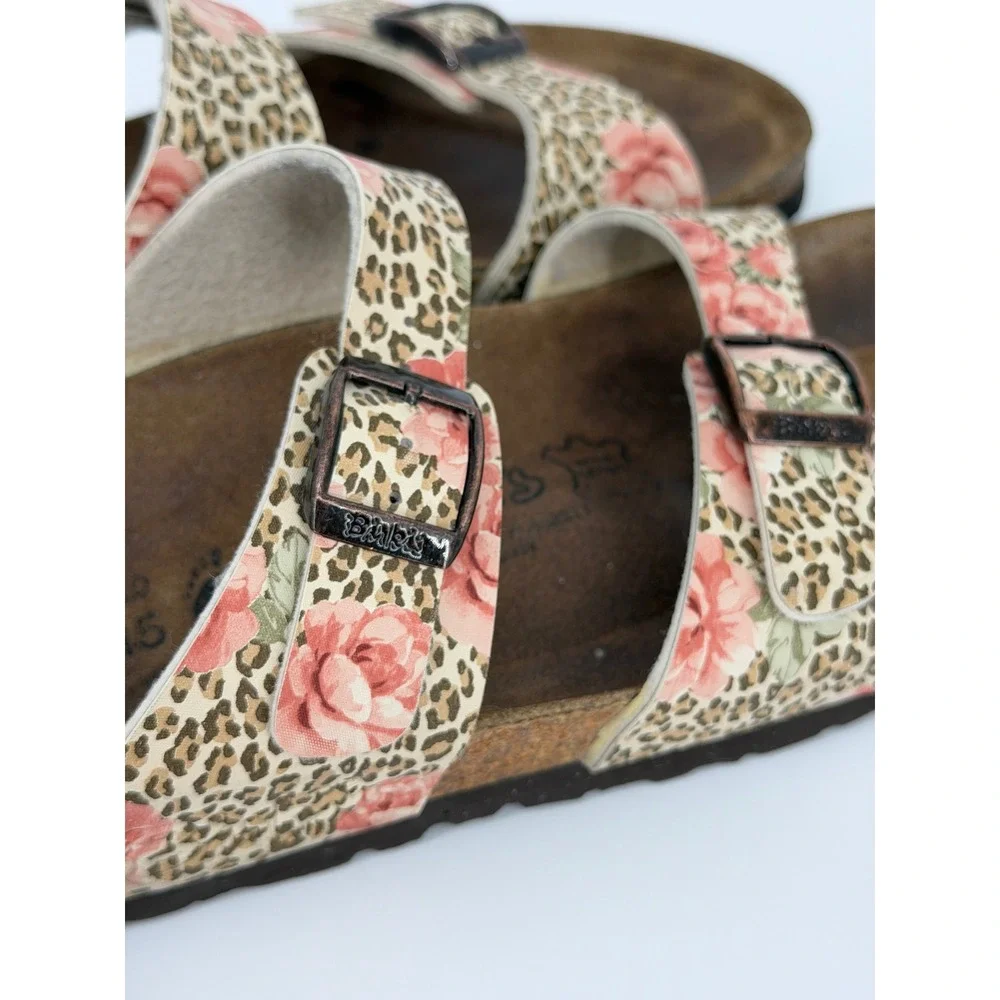 Birkis Birkenstock Floral Leopard Print Slide Sandals Brown Pink Tan 38 L7 M5